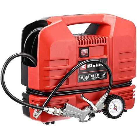 Einhell Kompressor TC-AC 190 OF Set (1100 W., max. 8 bar, 190 l/min Ansaugleistung, Motordrehzahl 15000 min-1, 3 Meter Schlauch, inkl. 3-tlg. Adapter-Set, ölfrei)