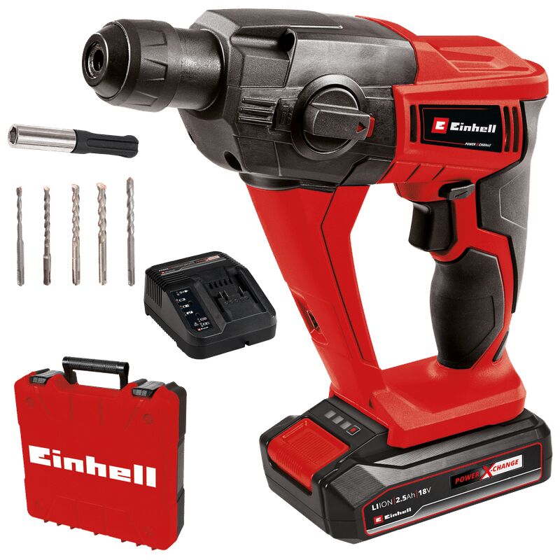 Einhell Marteau Perforateur sans fil TE-HD 18 Li Kit Power X-Change (18V, 1,2J, 5 forets, Coffret E-Box) Livré avec Batterie 2,5Ah et Chargeur