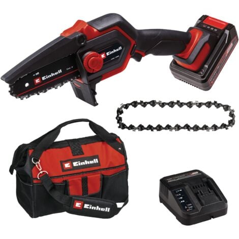 Einhell Mini Tronçonneuse sans fil GE-PS 18/15 Li Bag Kit Power X-Change (18 V, Brushless, longueur de coupe 12,5 cm) Livré avec Batterie 2,5 Ah et Chargeur