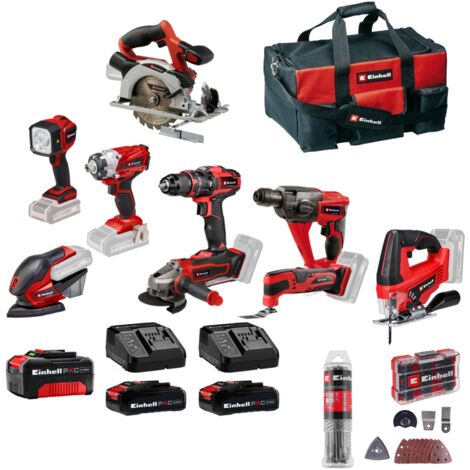 Einhell Pack de 9 outils sans fil PXC (18 V, pack machines PXC) Livré avec 2 Batteries 2,5Ah, une Batterie 4,0Ah, 2 Chargeurs et Accessoires
