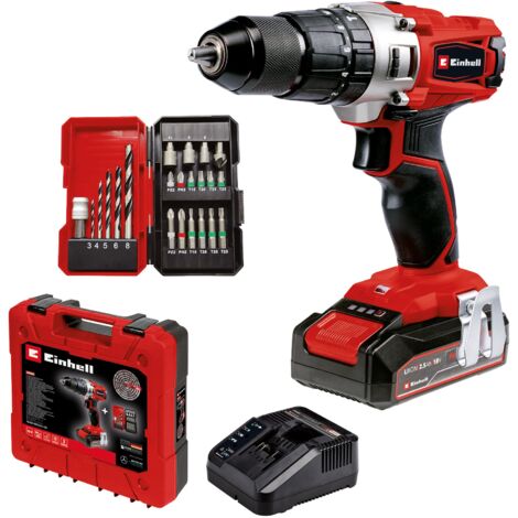 Einhell Perceuse Visseuse à percussion sans fil TE-CD 18/2 Li-i +22 (1x2,5 Ah) Power X-Change (Li-Ion 18 V, Couple 44 Nm ) Livré avec Batterie 2,5 Ah, Chargeur rapide et 22 Accessoires