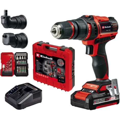 Einhell Perceuse Visseuse sans fil TE-CD 18/45 3X-Li +22 Kit PXC (18 V, 45 Nm, 22 accessoires) Livré avec Batterie 2,0 Ah et Chargeur + E-Box