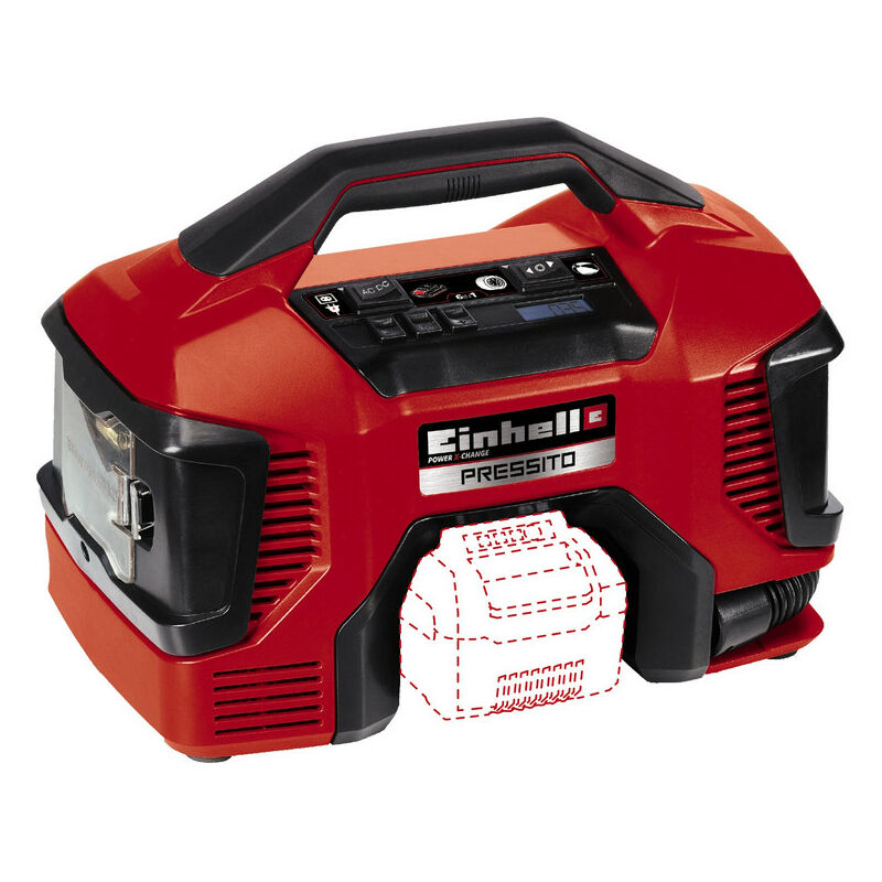 Power X-Change Cordless Portable Air Compressor - High & Low Pressure Use - With 3pc Adapter Set - Body Only - pressito - Einhell