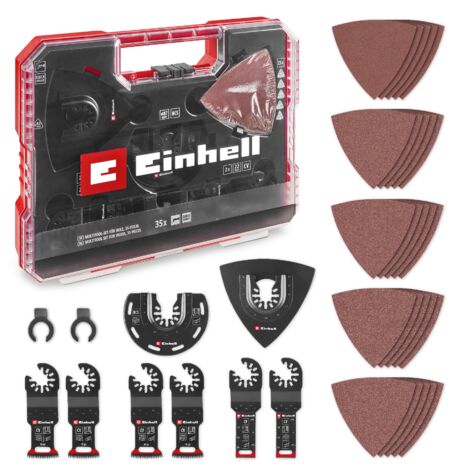 Einhell Set de 35 Accessoires universels pour outils multifonctions pour le bois (lame de scie plongeante CrV, lame de scie semi-circulaire HCS, plaque de support Delta , grattoir flexible)