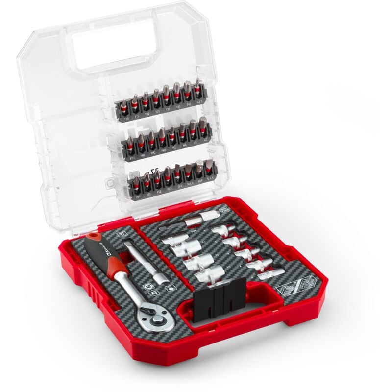 Set l-case Coffret de 37 embouts de vissage et douilles (embouts S2 de 25 mm, cliquet 1/4, porte-embouts à changement rapide, clé à douille,