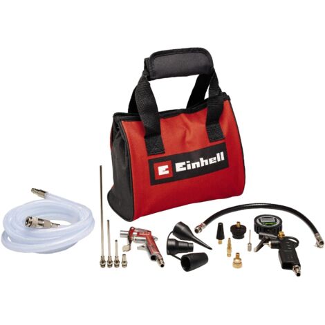Einhell - Set di 15 pezzi per aria compressa con borsa (accessori per compressore, 1 pistola di scarico, 1 riempitore digitale per pneumatici, tubo in tessuto da 2,5 m, 8 adattatori, 1 borsa)