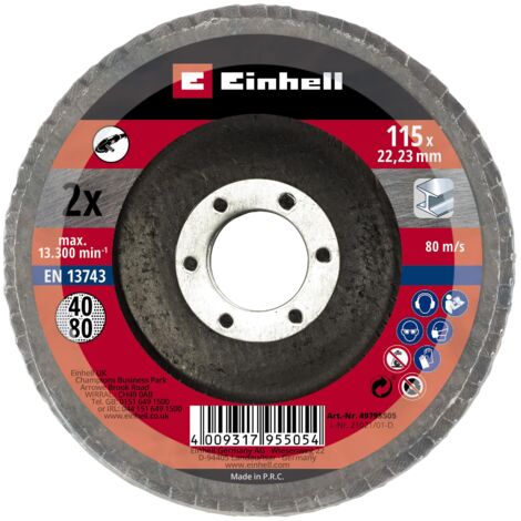 Einhell - Set di 2 dischi a ventaglio (accessori per smerigliatrice angolare, grana P40 e P80, Ø 115 x 22,23 mm, mop, dischi lamellari per metallo e acciaio)