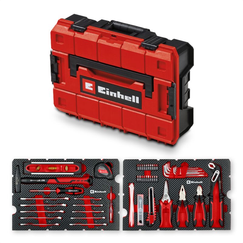 Einhell Set Mallette Outils Déménagement E Case 79 pcs Marteau Pinces Tournevis Lames Mètre Ruban Niveau Clés Système E Case