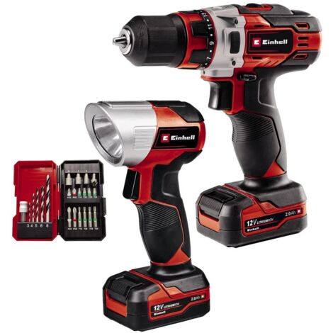 Einhell Set trapano avvitatore a batteria TE-CD 12/1 Li +22+CL (ioni di litio, 12 V, max 30 Nm, incl. 2 batteria da 2,0 Ah, caricabatteria, set di accessori punte da 22 pezzi, torcia a batteria)