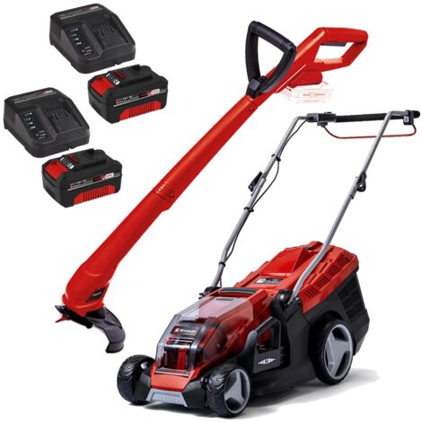 Einhell Twin 18v / 36v Lawnmower 34cm Cut 2x4Ah Battery + Grass Trimmer Strimmer