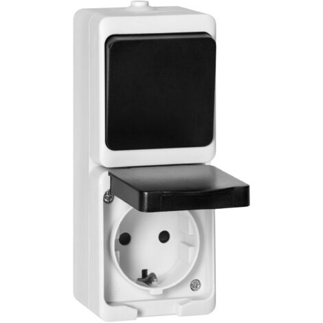 Einpoliger Aufputzschalter + 2P+Z Schuko-Steckdose AQUATIC MINI IP54 weiß-schwarz