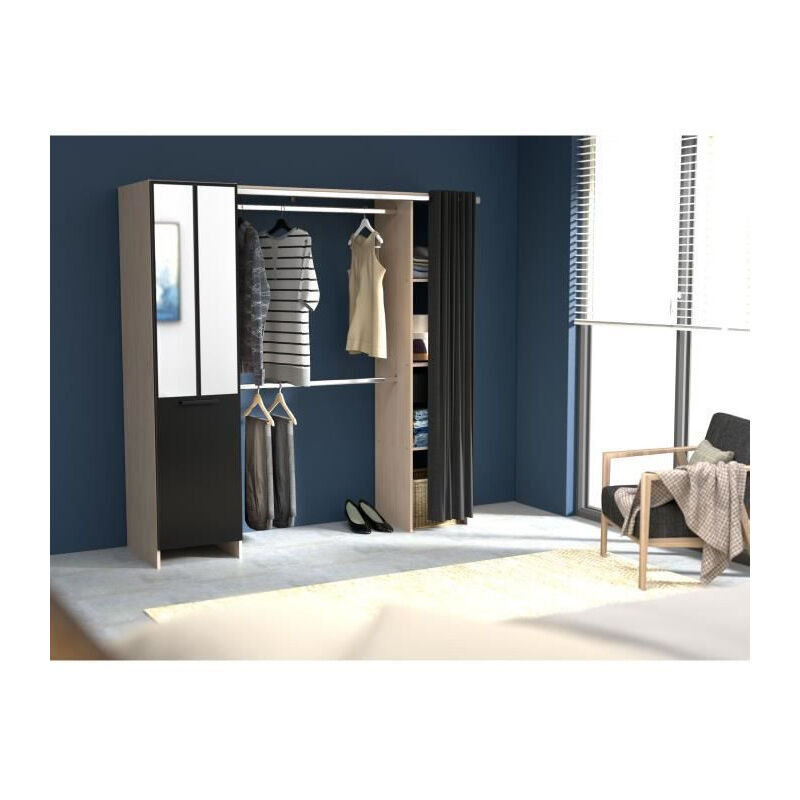 Kit dressing avec rideau - Décor Chene et noir - 1 porte et 1 tiroir - l 181 x p 50 x h 180 cm – atelier - Ekipa