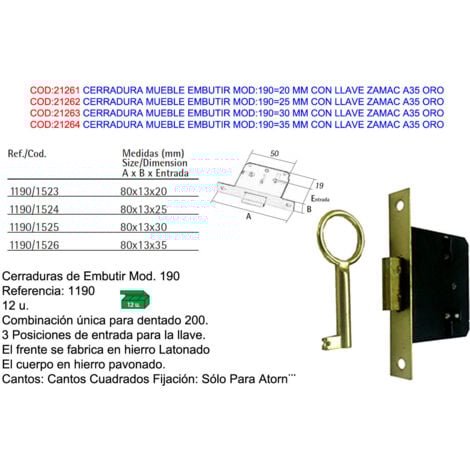 FPLUS Einsteckschloss für Möbel Modell 19035 mm mit Schlüssel aus Zamak A35 gold