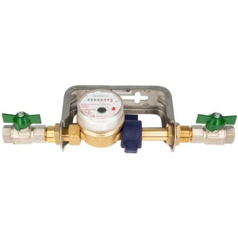 Einstrahlzähler ETK Kombi-Set (Warmwasser) bis 90 Grad Länge 80 mm, inkl. Bügel Edelstahl, Kugelhähne 1/2 Zoll, Plombierschelle