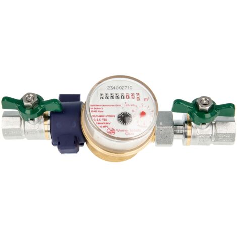 Einstrahlzähler ETK Kombi-Set (Warmwasser) bis 90 Grad Länge 80 mm, inkl. Kugelhähne grün 1/2 Zoll, Plombierschelle