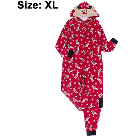 Einteiliger Schlafanzug mit Kapuze und Reißverschluss für Erwachsene, langärmelige Nachtwäsche mit Elchdruck, Frühling, Herbst und Winter, X-Large