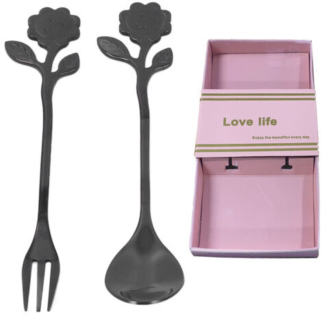 Einteiliges Löffel- und Gabelset, hochglanzpoliert, elegant und komfortabel – ideal für Zuhause oder als Geschenk – Schwarz