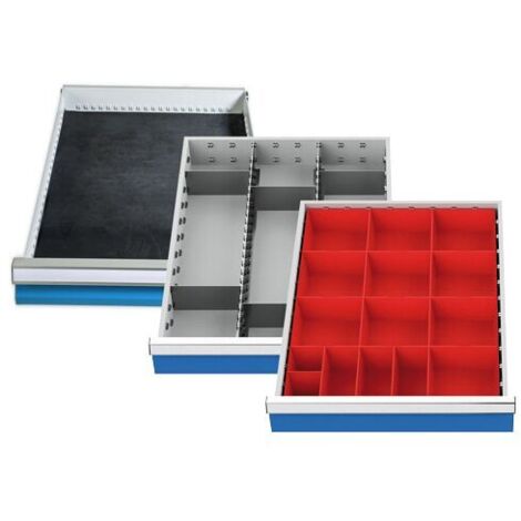 Einteilungssortiment (3-teilig) für Schubladen R 18-24, Riffelgummieinlage, Kleinteilekästchen, Metalleinteilung Maße in mm (BxT): 450 x 600