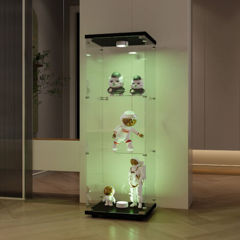 ROSAHQNDA Eintürige Glasvitrine, 3 Regale, Glasvitrine mit Schloss und LED-Licht, für Sammlerstücke, Glasschließfächer für Büro, Wohnzimmer, Schwarz
