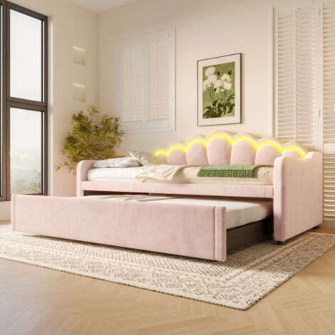 Einzel-Ausziehbett 90/180x200 cm, Schlafsofa, gepolstertes Doppelbett mit LED-Beleuchtung, in rosa Samt, ohne Matratze