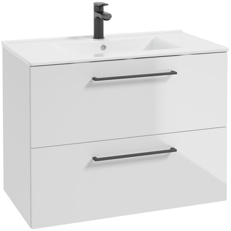 Einzel-Waschtisch, 80 cm breit, in weiß Hochglanz lackiert mit Metallgriffen in schwarz, 2 Schubladen und Keramikwaschbecken MESSINA-107, B/H/T ca. 80/62/46 cm