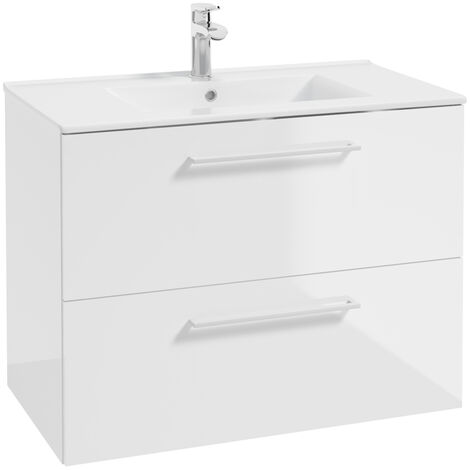 Einzel-Waschtisch, 80 cm breit, in weiß Hochglanz lackiert mit Metallgriffen in weiß, 2 Schubladen und Keramikwaschbecken MESSINA-107, B/H/T ca. 80/62/46 cm