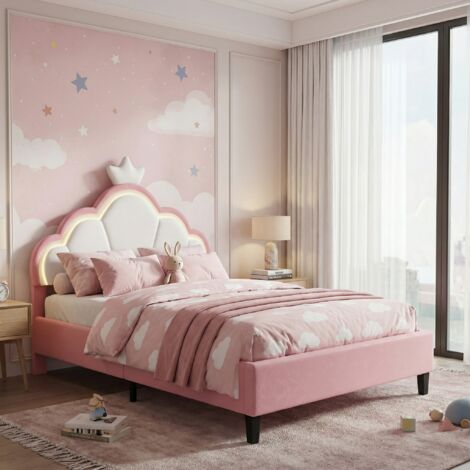 Einzelbett 140x200 mit LED-Beleuchtung, Kinderbett mit verstellbarem Kopfteil in Kronenform, Samtbezug, moderner Prinzessinnen-Stil(140x200cm, Weiß+Rosa)