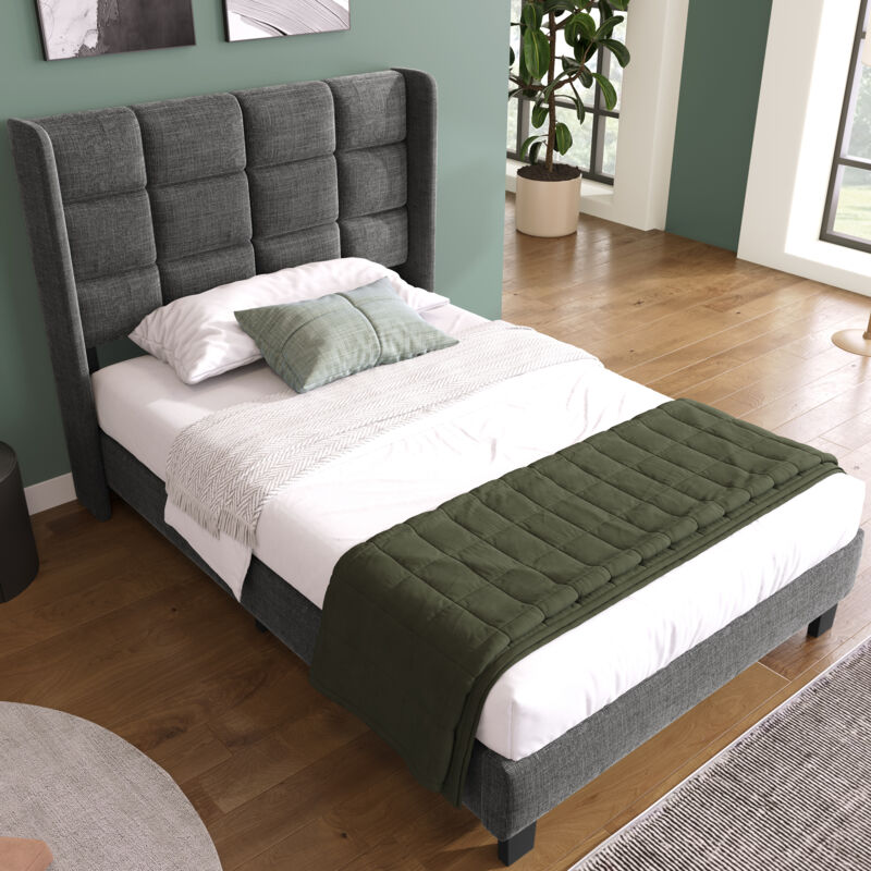Modenvie Einzelbett 90×200 Cm Mit Gepolstertem Kopfteil, Geräuscharmen Latten Und Stahlrahmen, Ohne Matratze, Aus Leinen - Grau