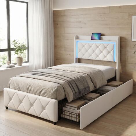 Einzelbett 90x200, 2 Schubladen, Kinderbett mit LED-Beleuchtung und USB/Type-C Anschlüssen, gepolstertes Bettgestell aus Samt, moderner Stil, Beige