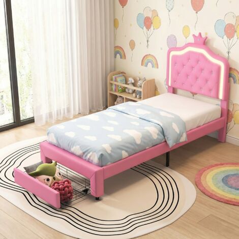 Einzelbett 90x200 cm, Kinderbett mit LED-Beleuchtung und Stauraumschubladen, verstellbares Kopfteil in Kronenform, moderner Prinzessinnen-Stil (90x200cm, Rosa)