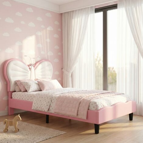 Einzelbett 90x200 cm mit 2 Leselampen, gepolstertes Kinderbett mit verstellbarem Kopfteil in Schmetterlingsform, moderner skandinavischer Stil (90x200 cm, Rosa)