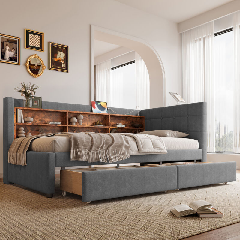 Mivray Einzelbett 90x200 Cm Mit 2 Stauraumschubladen, Kopfteil Mit Usb-/type-c-anschlüssen