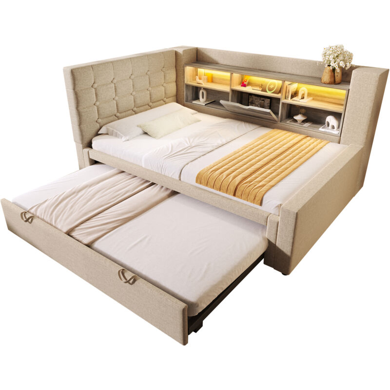 Mivray Einzelbett 90x200 Cm Mit Ausziehbett Und Led-beleuchtung, Beige