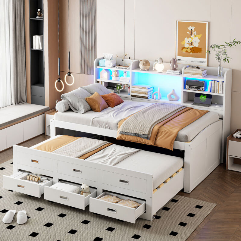 Mivray Einzelbett 90x200 Cm Mit Ausziehbett Und Led, Weiß