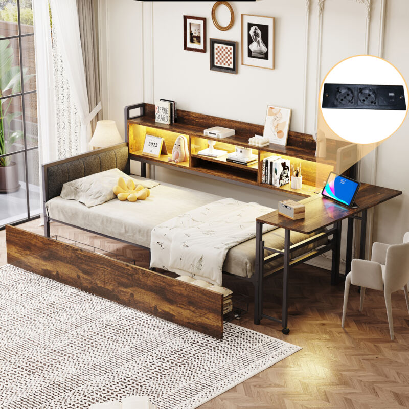 Mivray Einzelbett 90x200 Cm Mit Metallgestell Und Ausziehbarem Schreibtisch