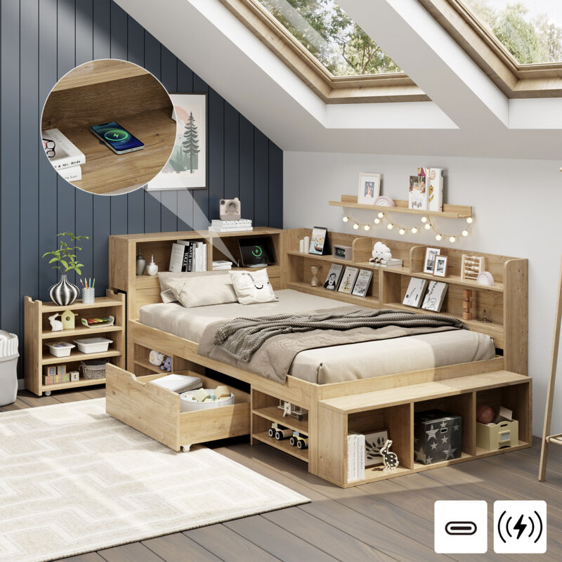 Mivray Einzelbett 90x200 Cm Mit Multifunktionellem Design Und Stauraumbereichen
