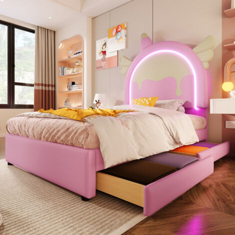 Einzelbett 90x200cm Einhorn mit LED-Streifen, Aufbewahrungsschubladen, MDF und PU Pink (Matratze nicht enthalten)