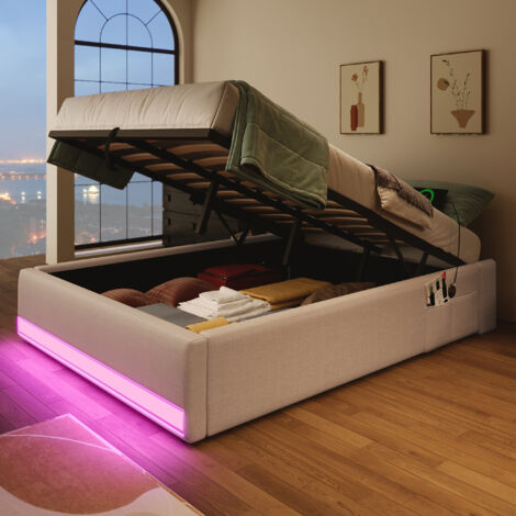 Einzelbett 90x200cm LED-Mehrfarbenbeleuchtung mit USB- und Typ-C-Anschlüssen sowie Seitentaschen, beigefarbenes Leinen (Matratze nicht im Lieferumfang enthalten)