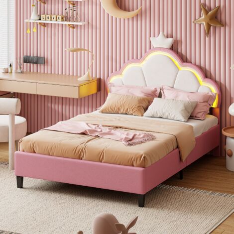 Einzelbett 90x200cm – Prinzessinnenbett mit LED-Beleuchtung, wolkenförmigem Kopfteil, Lattenrost, Jugendbett, Erwachsenenbett, Kunstleder – Rosa