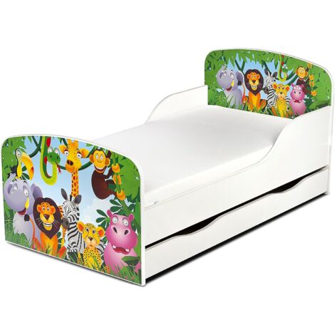 Einzelbett aus Holz - Animals - Kinderbett mit Schubladen und Matratze + Lattenrost (140/70 cm)