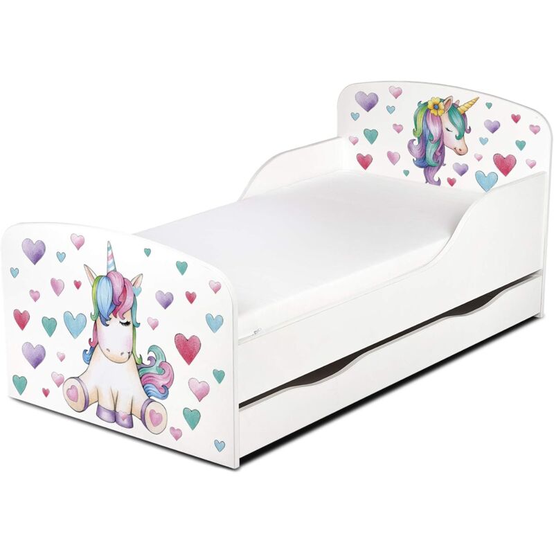 Einzelbett aus Holz - Einhorn - Kinderbett mit Schubladen und Matratze + Lattenrost (140/70 cm)