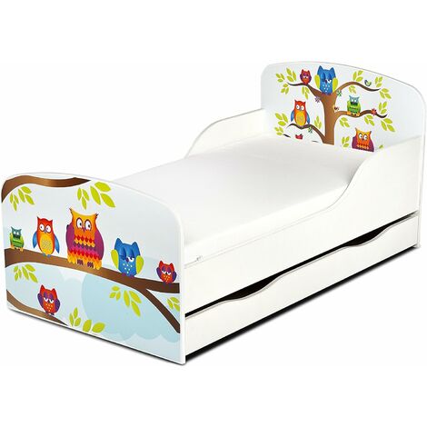 Einzelbett aus Holz - Eulen - Kinderbett mit Schubladen und Matratze + Lattenrost (140/70 cm)