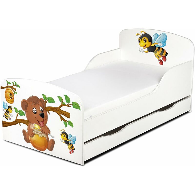 Einzelbett aus Holz - Fass Honig - Kinderbett mit Schubladen und Matratze + Lattenrost (140/70 cm)
