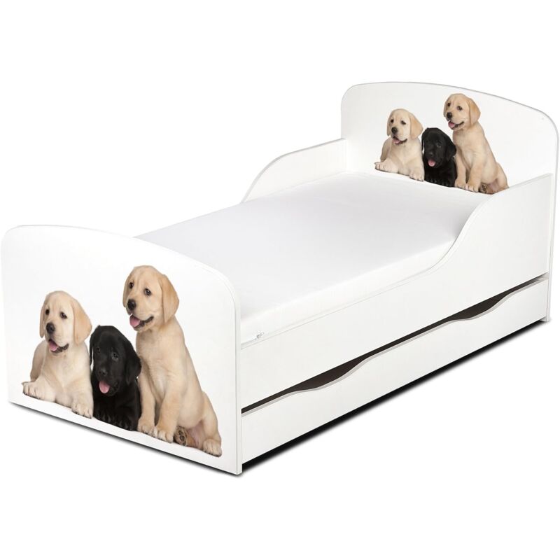 Einzelbett aus Holz - Schöne Hunde - Kinderbett mit Schubladen und Matratze + Lattenrost (140/70 cm)