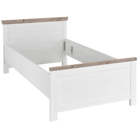 Einzelbett FERNA-61 in Pinie weiß Nb. mit Absetzungen in Pinie dunkel Nb., B/H/T: ca. 115/86/208 cm