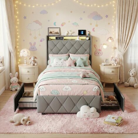 Einzelbett für Kinder 90x200 cm, Prinzessinnenbett mit 4 Schubladen, LED & USB, Teddy-Plüschstoff, inkl. Lattenrost, Grau