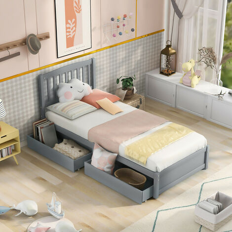 Einzelbett Kiefer Massivbett 90x200cm, mit 2 Schubladen Kopfteil Lattenrost Jugendbett grau