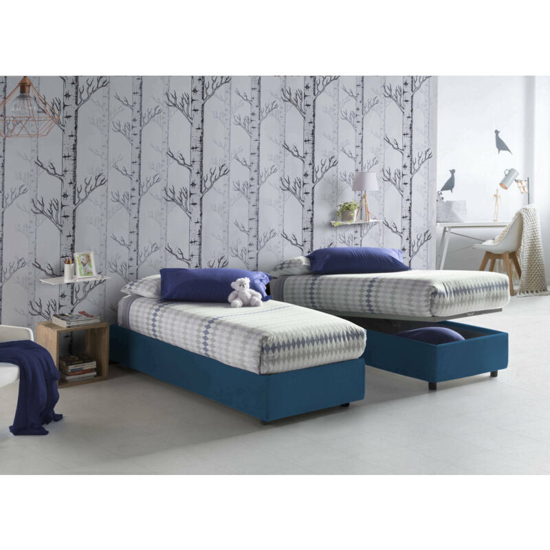 Einzelbett Silvia Sommier mit Container, Made in Italy, Bett mit Stoffbezug, Frontöffnung, passend für Matratze 80x190 cm, Blau - Talamo Italia