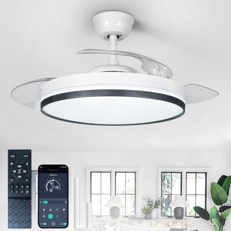 Einziehbare Deckenventilatoren mit Beleuchtung: Moderner 42-Zoll-Ventilator mit Fernbedienung – Schwarzer und weißer Smart-Ventilator mit einstellbarer Helligkeit für das Schlafzimmer