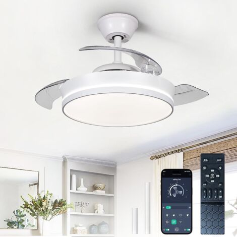 Einziehbare Deckenventilatoren mit Beleuchtung: Moderner 91 cm Ventilator mit Fernbedienung – Weißer Smart-Ventilator mit einstellbarer Helligkeit fürs Schlafzimmer